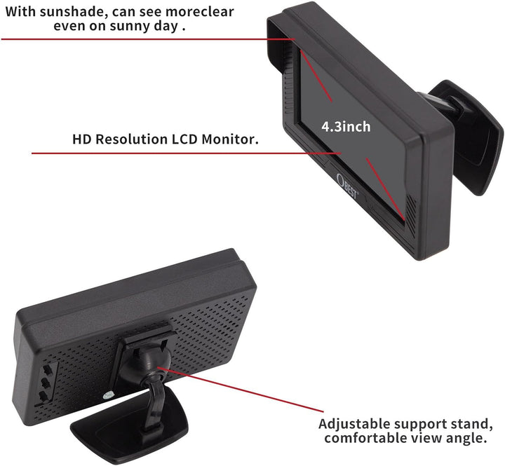 OBEST 4,3" Rückfahrkamera Auto Monitor Bildschirm, Monitor für Rückfahrkamera, V1/V2 Zwei Video-Eing