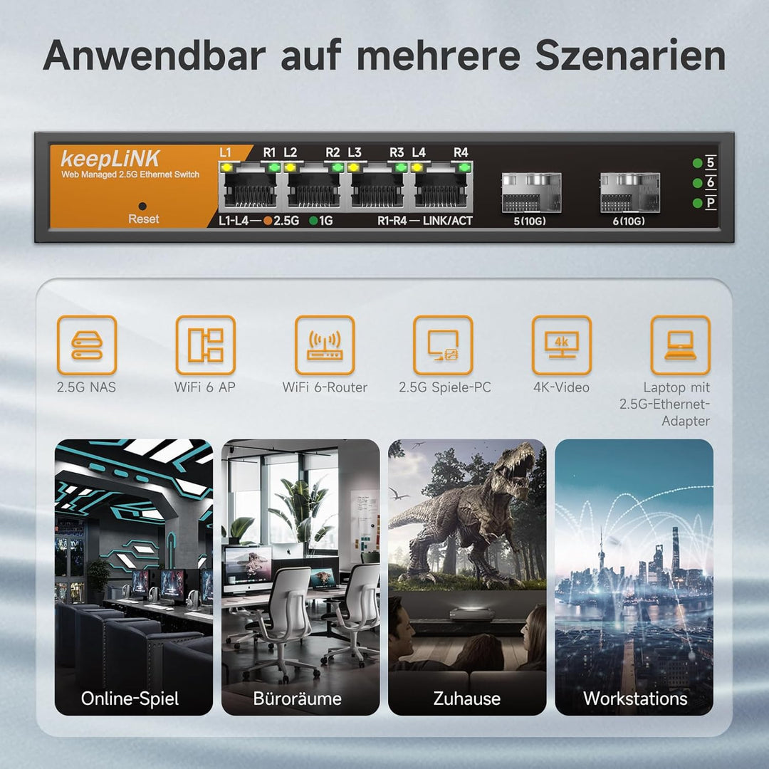 6 Port 2.5G Switch Smart Web Managed, 4 x 2.5G Base-T Ports, 2 x 10G SFP+ Slots, Support Static Link