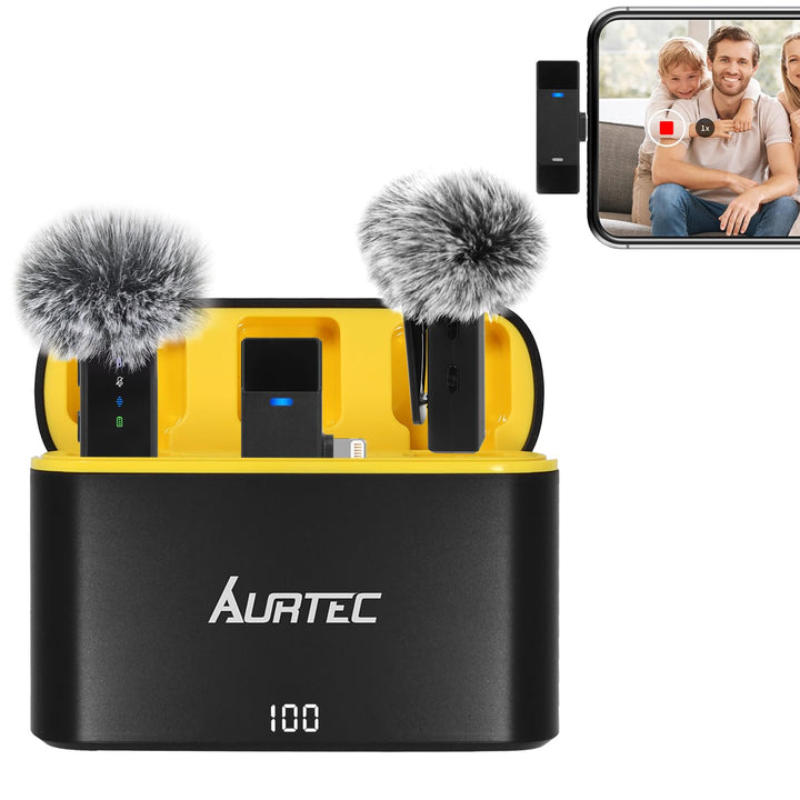 AURTEC Kabelloses Lavalier-Mikrofon mit Ladehülle für iPhone, iPad mit Lightning-Anschluss, 2er Set,