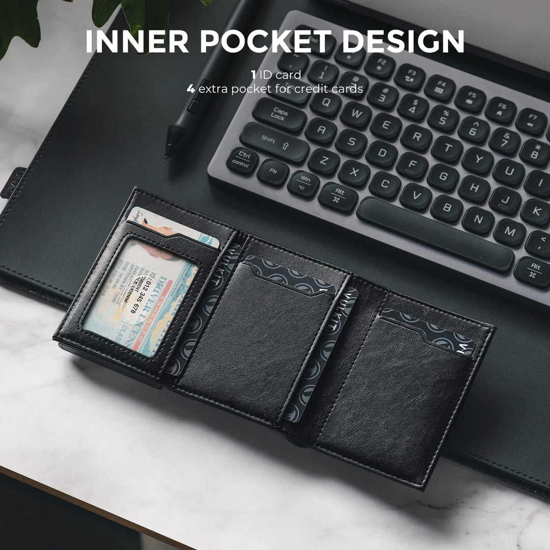 VULKIT Kreditkartenetui RFID-blockierende Pop-Up-Kartentasche aus Echtem Leder mit Geldscheinfach, A