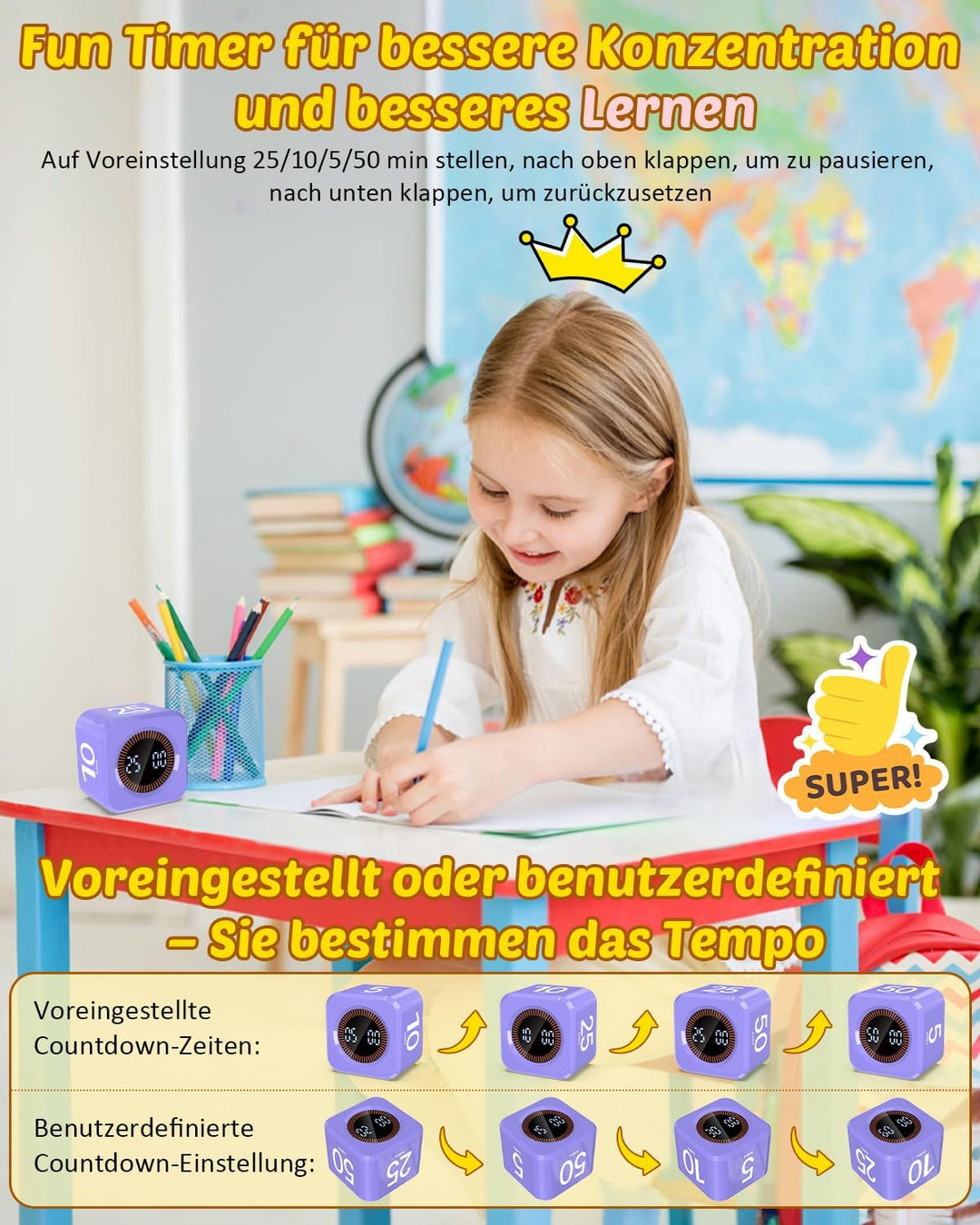 Pomodoro Timer Cube, Visueller Würfel-Timer für Kinder, Digitale LED Drehbarer Timer mit 5/10/25/50