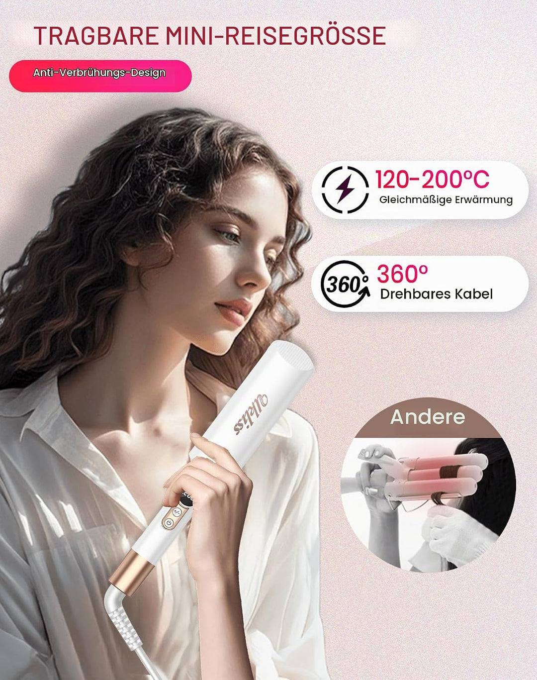 UKLISS Welleneisen - Pro Mini Welleneisen für Haare mit 2 Reiseadaptern, LCD-Anzeige [120-210℃] Beac
