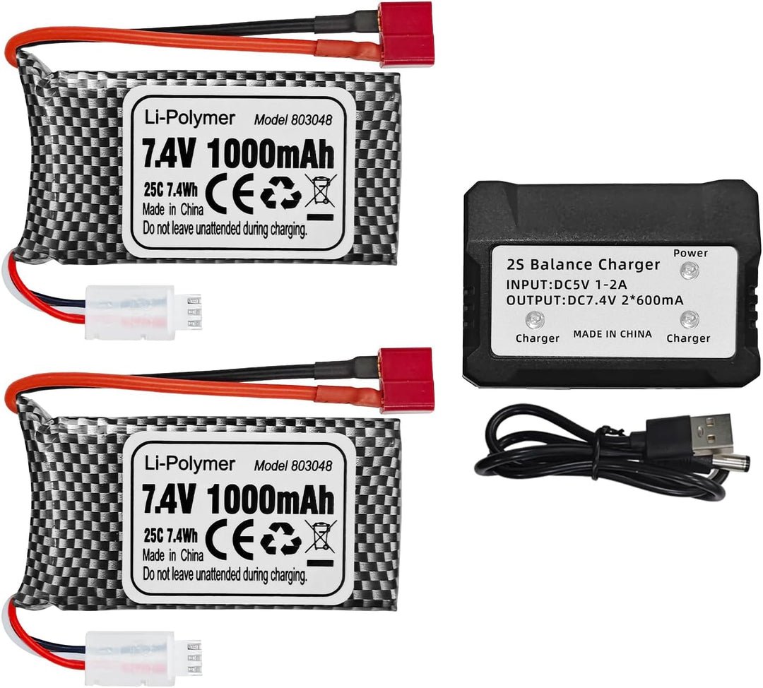 2PCS 7,4V 1000mAh T-Stecker-AKKU+ 2-in-1-Ladegerät für 18858 18859 18859A 18859E HM163 HM164 35-DJ03