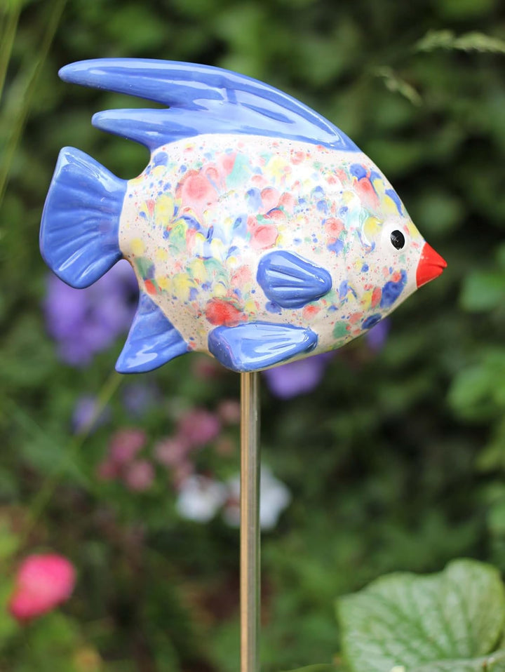 Gartenfigur Fisch aus Keramik Weiss-Blau Gartendeko Gartendekoration Teichdeko, Weiss-Blau