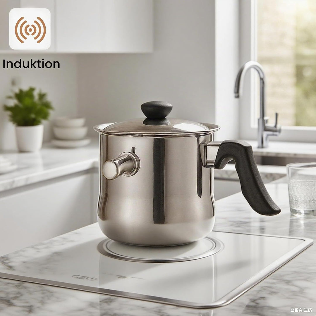 Milchtopf Induktion mit Deckel, Doppelwandiger Simmertopf aus Edelstahl, Wasserbad Topf mit Pfeiffun