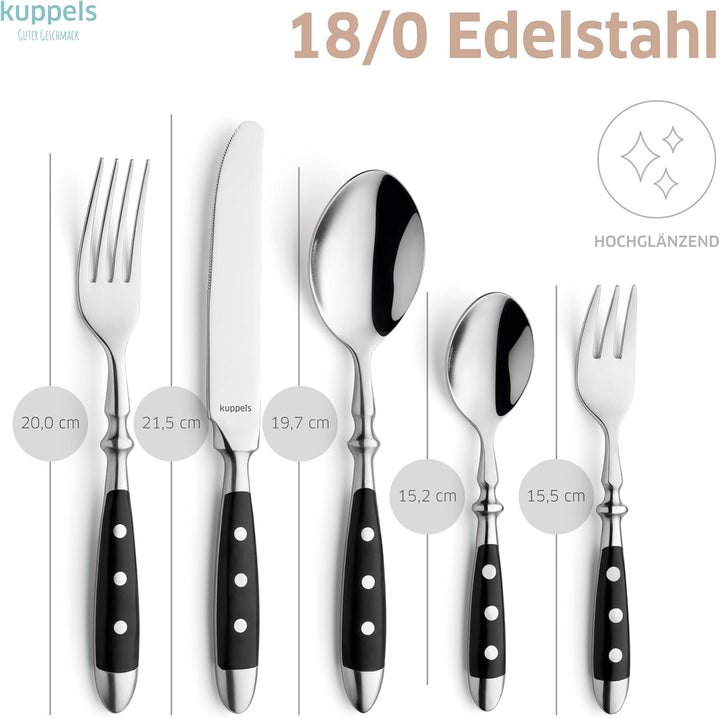 Kuppels COUNTRY Besteck Set 6 Personen 30-teilig, schwarzes Edelstahlbesteck mit 3-fach genieteten K
