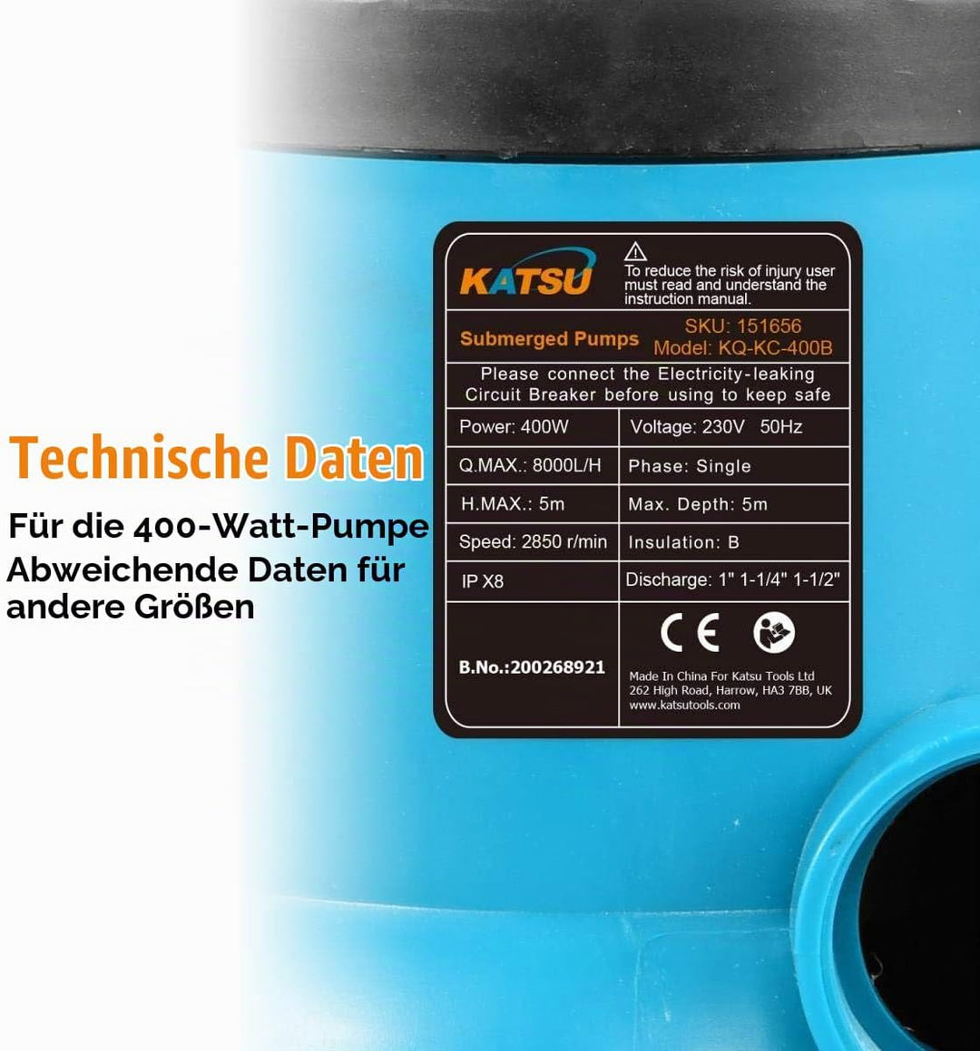 KATSU 400W Tragbare Tauchpumpe für sauberes und schmutziges Wasser für Gartenteich, Pools und Gräben