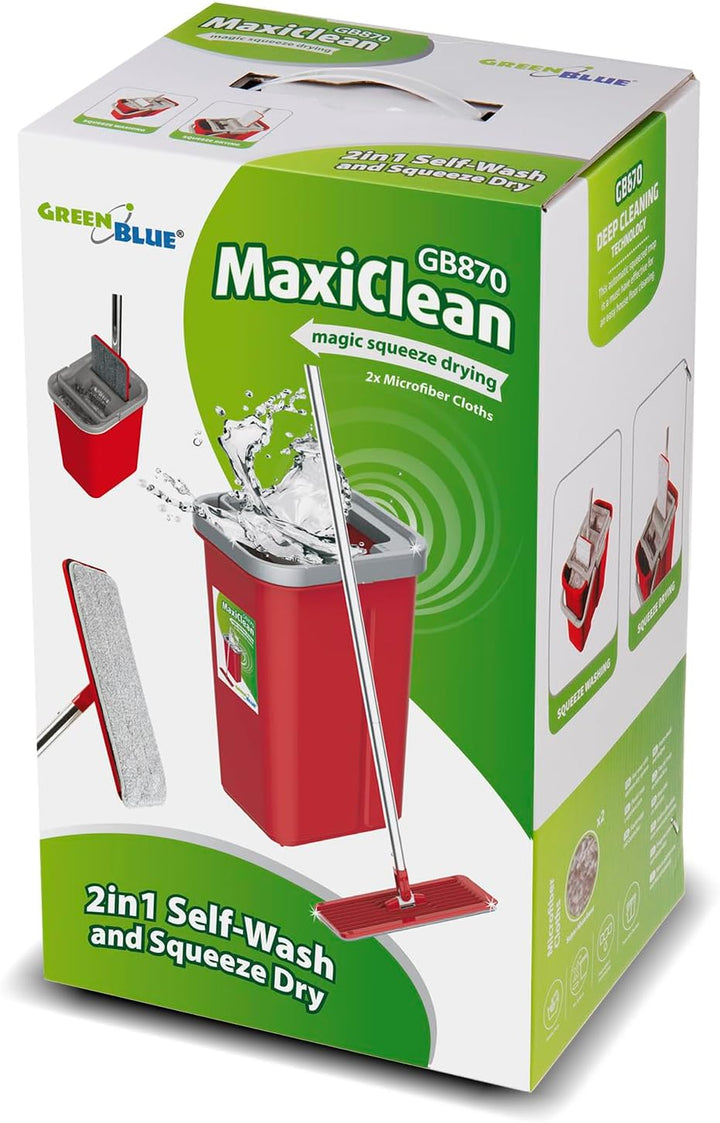 GreenBlue MaxiClean GB870 Flachmopp mit Eimer und Auswringer | 2 Mikrofaser-Einsätze Zweikammersyste