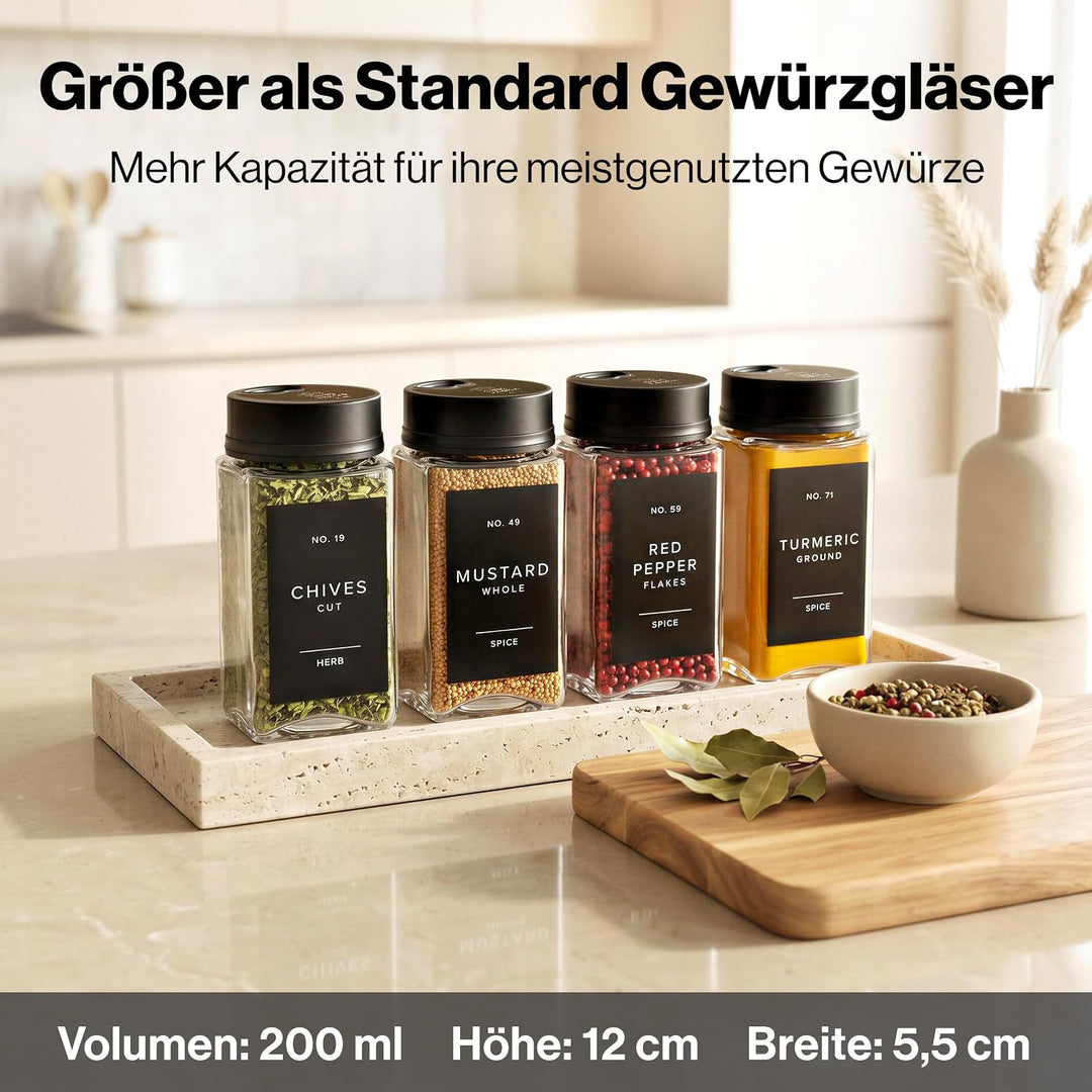 EDELHAUS Gewürzgläser Eckig Set mit Schwarzem Verstellbarerem Deckel (12 x 200 ml) Gewürzstreuer mit