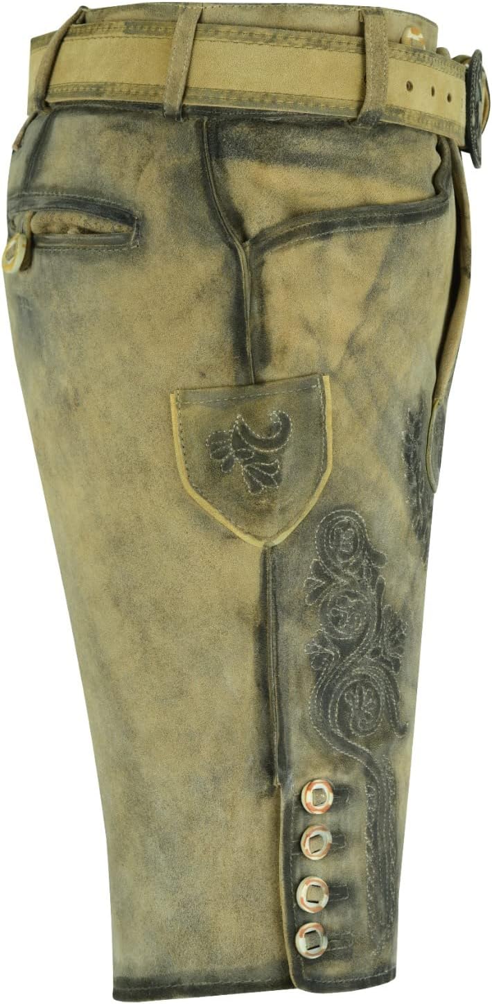 SiXsigma Sports Kurze Herren Trachten Lederhose mit Gürtel, Olive Meliert, Wildbockleder, Antik Okto