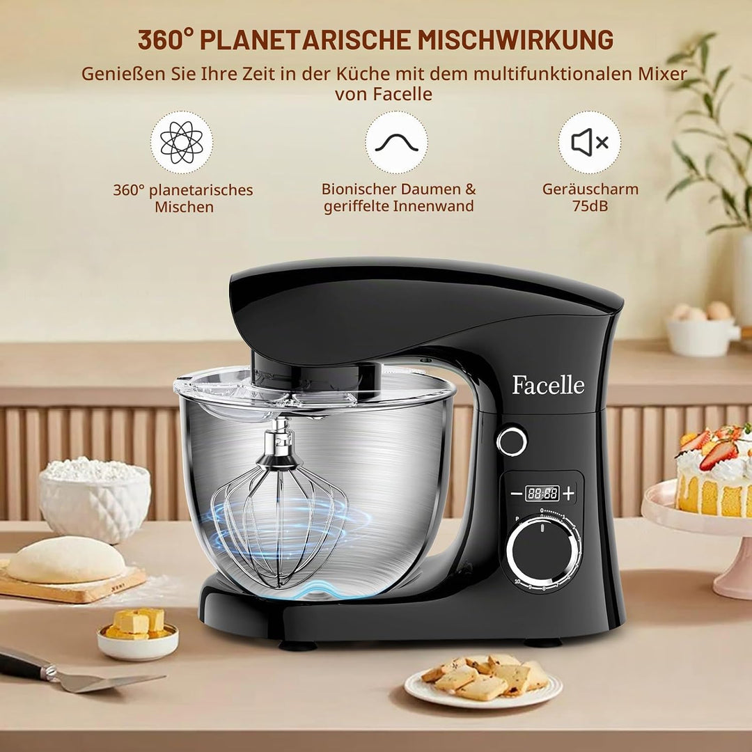 Küchenmaschine Knetmaschine 1500W | Facelle 5,5L &amp;4,5L Teigmaschine Rührmaschine | Geräuscharm| 10+P