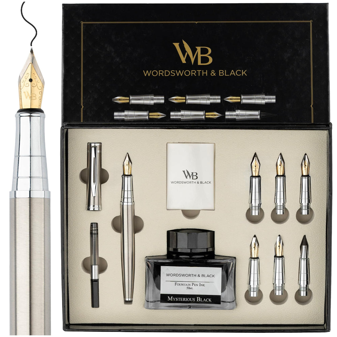 Kalligraphie Füllfederhalter Set Silber Chrom, Silber Chrom