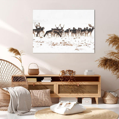 Bilder auf Leinwand 100x70cm Leinwandbild Hirsch Winter Tierwelt Landschaft Gross Wanddeko Bild Schl