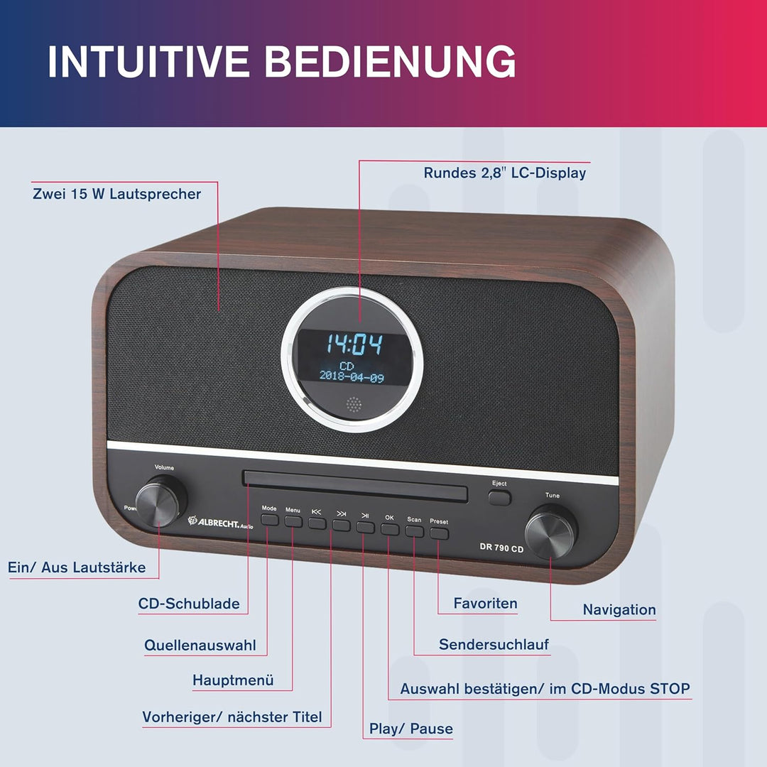 Albrecht DR790CD Digitalradio DAB+, 27790, multifunktional inkl. CD-Player und Bluetooth, Holzgehäus