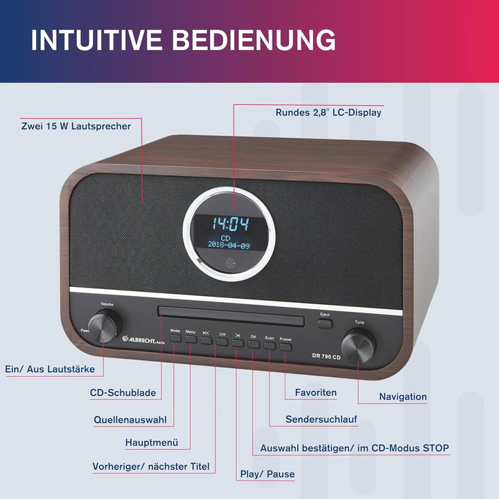 Albrecht DR790CD Digitalradio DAB+, 27790, multifunktional inkl. CD-Player und Bluetooth, Holzgehäus