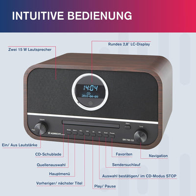 Albrecht DR790CD Digitalradio DAB+, 27790, multifunktional inkl. CD-Player und Bluetooth, Holzgehäus