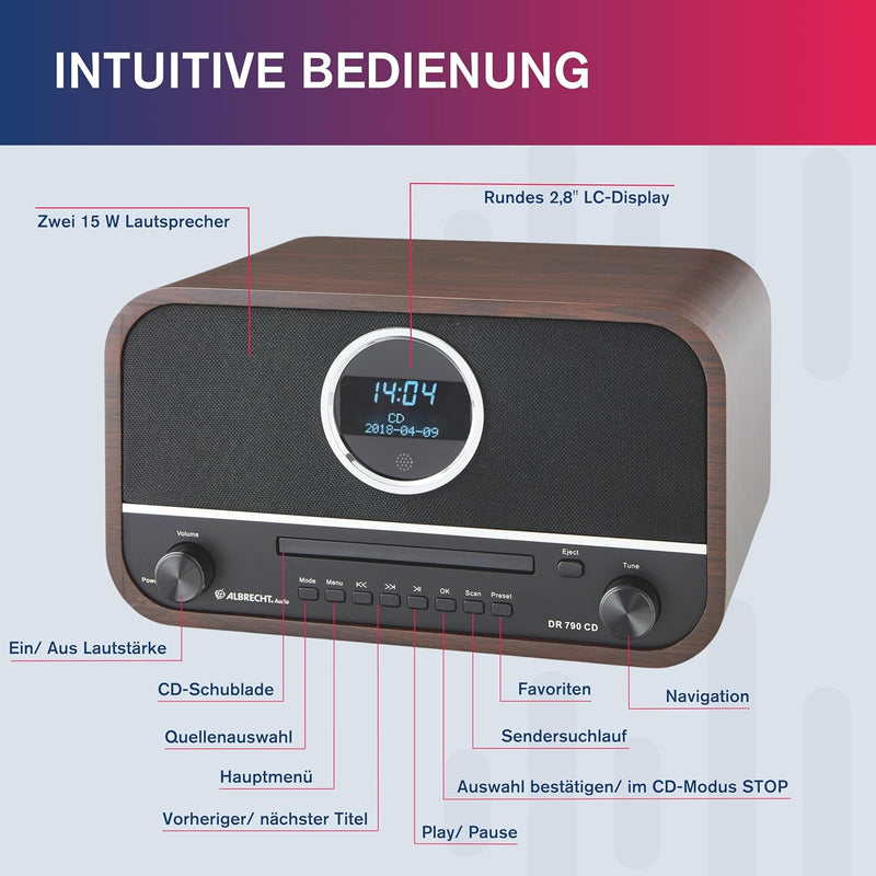 Albrecht DR790CD Digitalradio DAB+, 27790, multifunktional inkl. CD-Player und Bluetooth, Holzgehäus