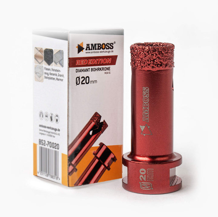 Diamant Bohrkrone Ø20mm - Amboss RED EDITION M14 - für Winkelschleifer - Feinsteinzeug, harte Fliese