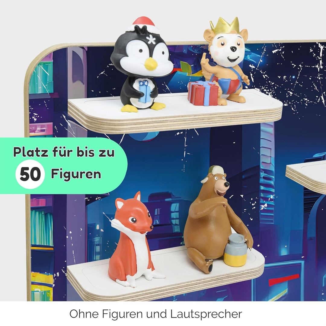 stadtecken Holzregal für Musikbox I Geeignet für die Toniebox und ca. 50 Tonies I Perfekte Tonie Auf