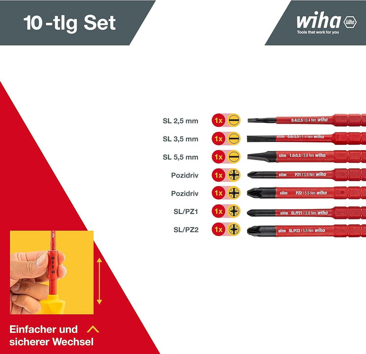 Wiha Schraubendreher und Bit Set slimVario (41233) 10 tlg. in Falttasche | VDE Elektriker mit Griff,