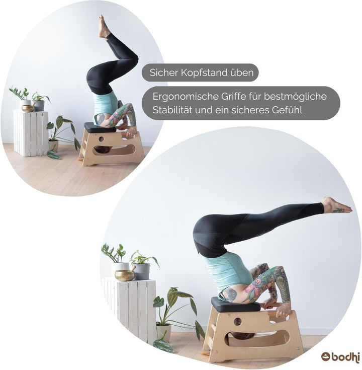 Bodhi Kopfstandhocker| Yoga Hocker aus Holz mit praktischen Griffen | Yogastuhl mit Polster für Umke