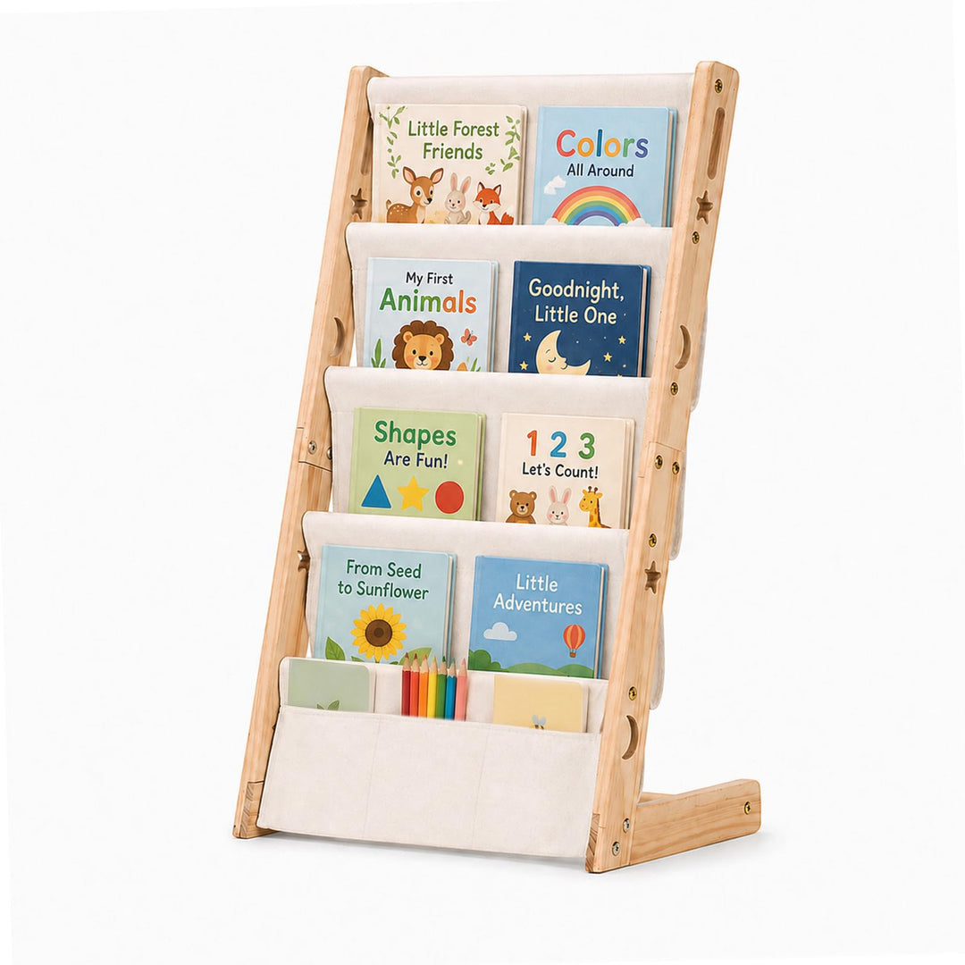 COSYLAND Bücherregal Kinder aus Kiefernholz, 4 Tiefe Fächer für Übersicht | Cover frontal sichtbar,