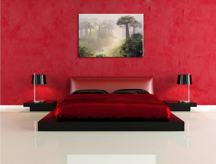 Mysteriöser Wald im Nebel, Format: 100x70 auf Leinwand, XXL riesige Bilder fertig gerahmt mit Keilra