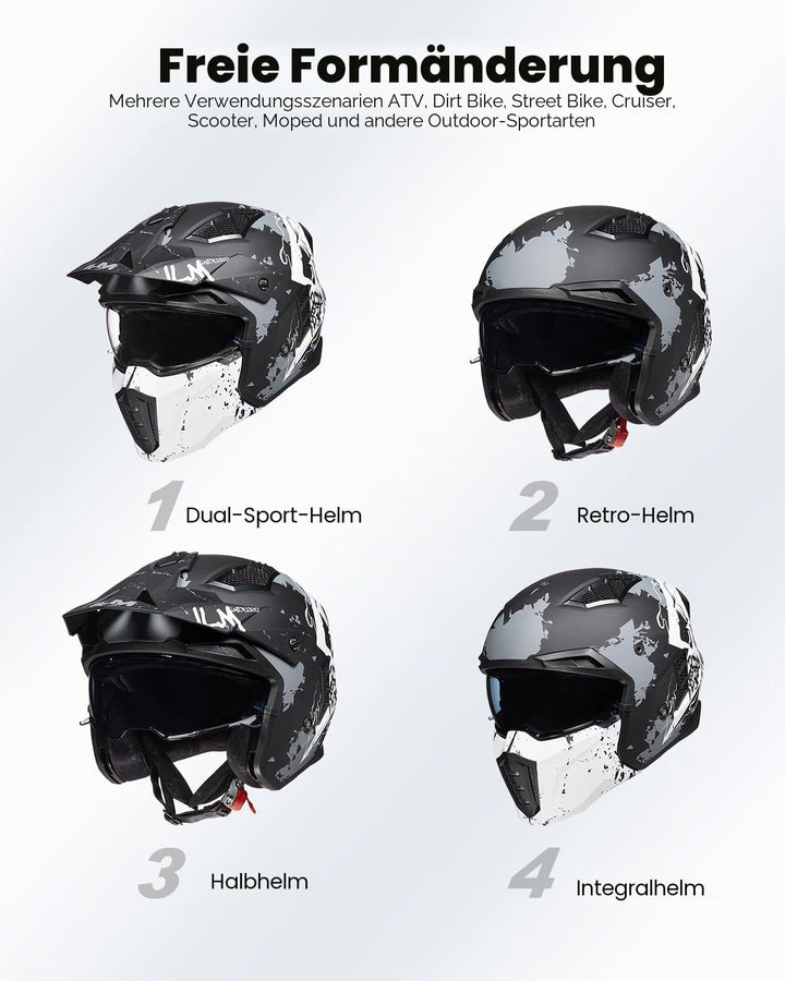 ILM Helm Motorrad Motocross Herren Damen Vintage Retro mit Visier ECE Model Z302,Schädel Matt, XL XL