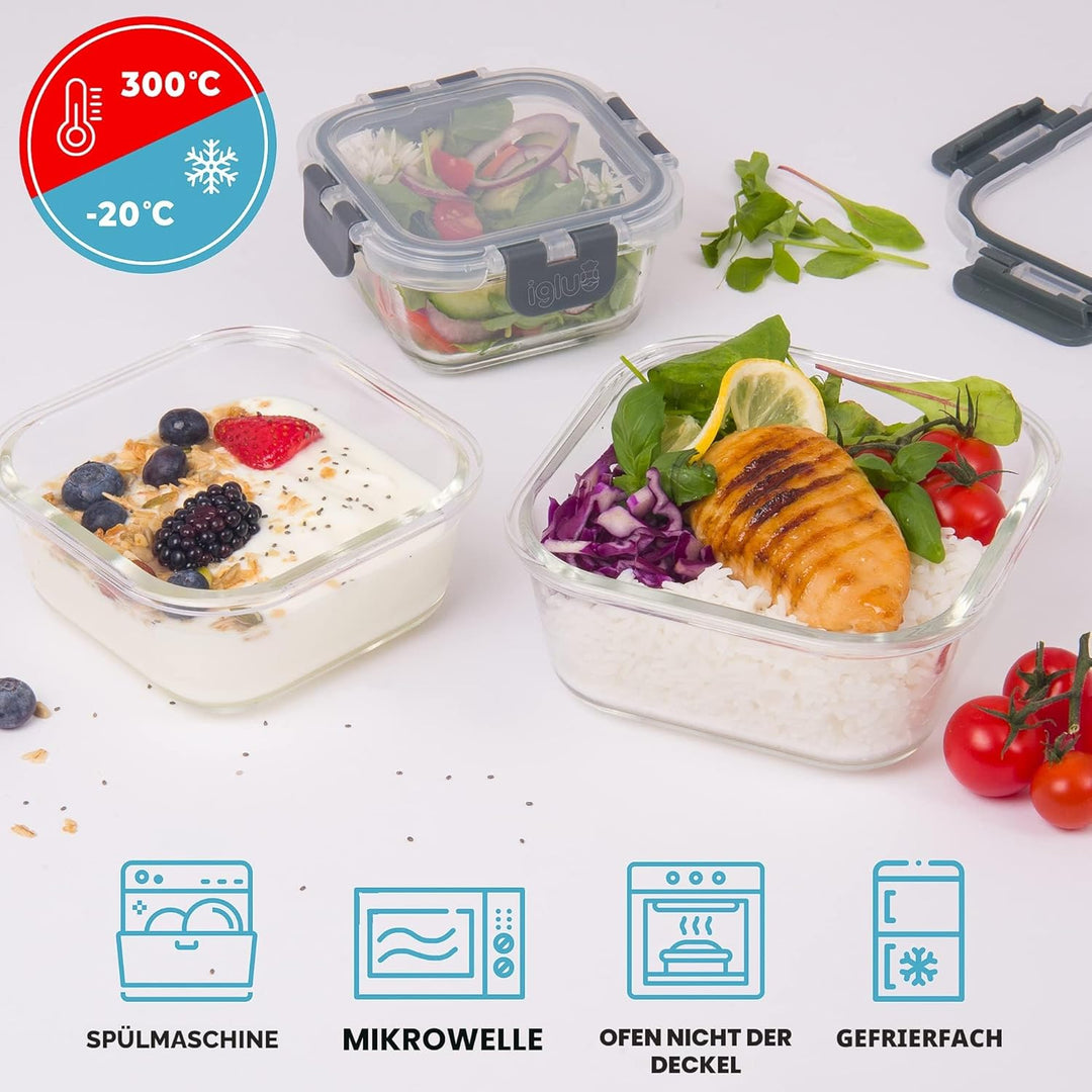 Igluu Meal Prep - Stapelbare quadratische Behälter aus Glas (3 Stück) – BPA-freie auslaufsicherer, l