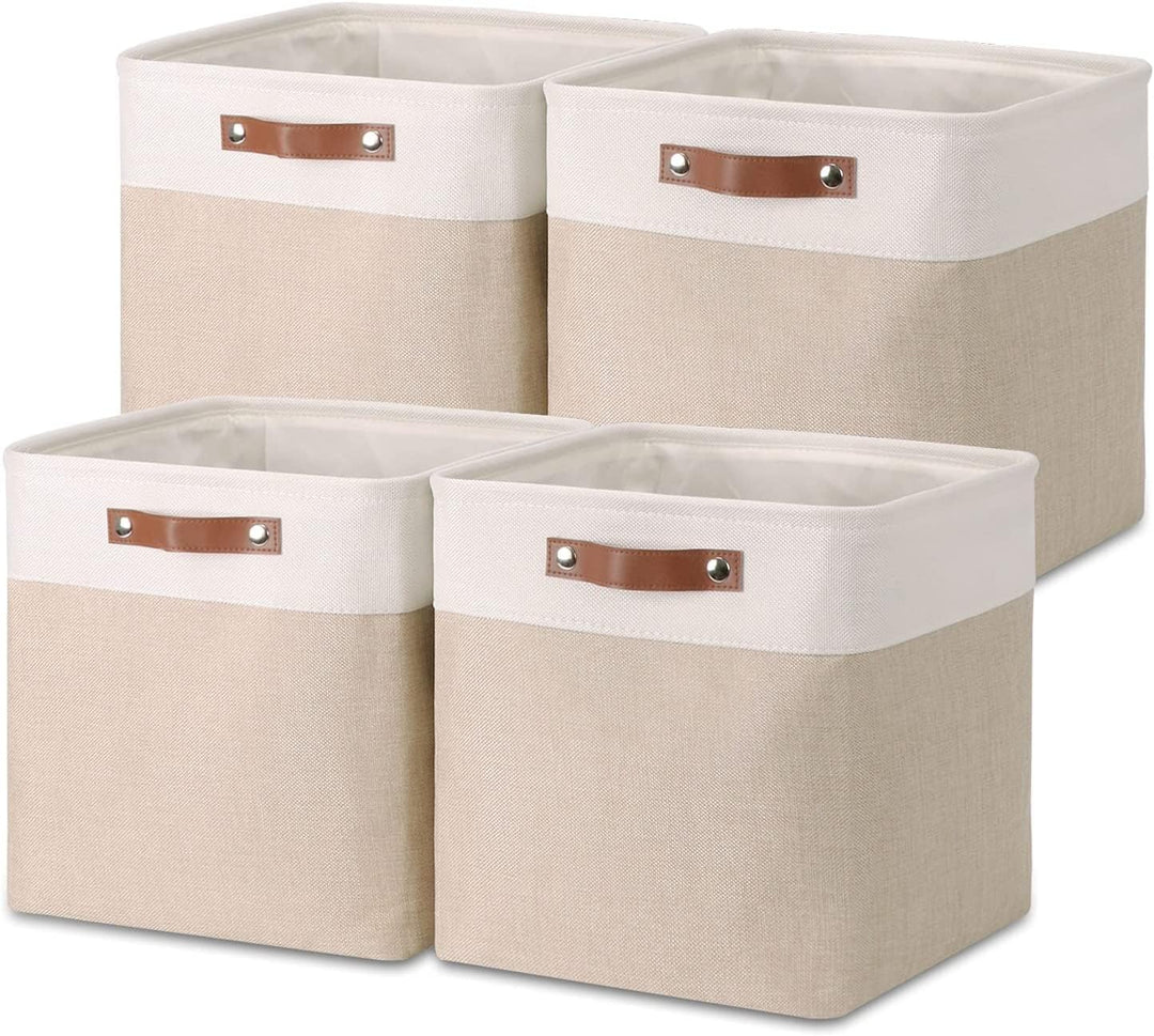 Mangata Aufbewahrungsboxen aus Stoff, Würfelform, 33 x 38 x 33 – 4 Stück, Light Khaki und Weiss 33x3