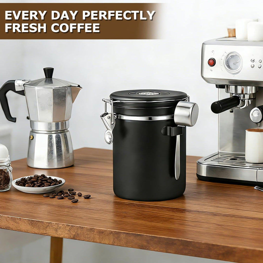 Kaffeedose aus Edelstahl 2,8L, Kaffeedose Luftdicht, Messlöffel & Datumsanzeige, 1kg Bohnen Vakuum K