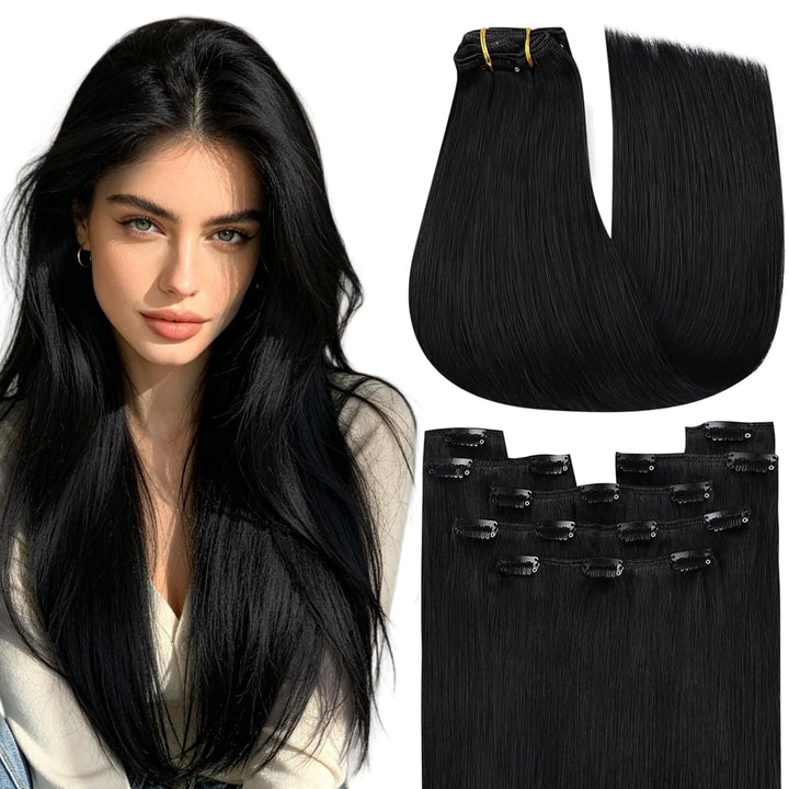 YoungSee Clip in Extensions Schwarz Clip in Extensions Echthaar Lang Echthaar Extensions Clip Schwar