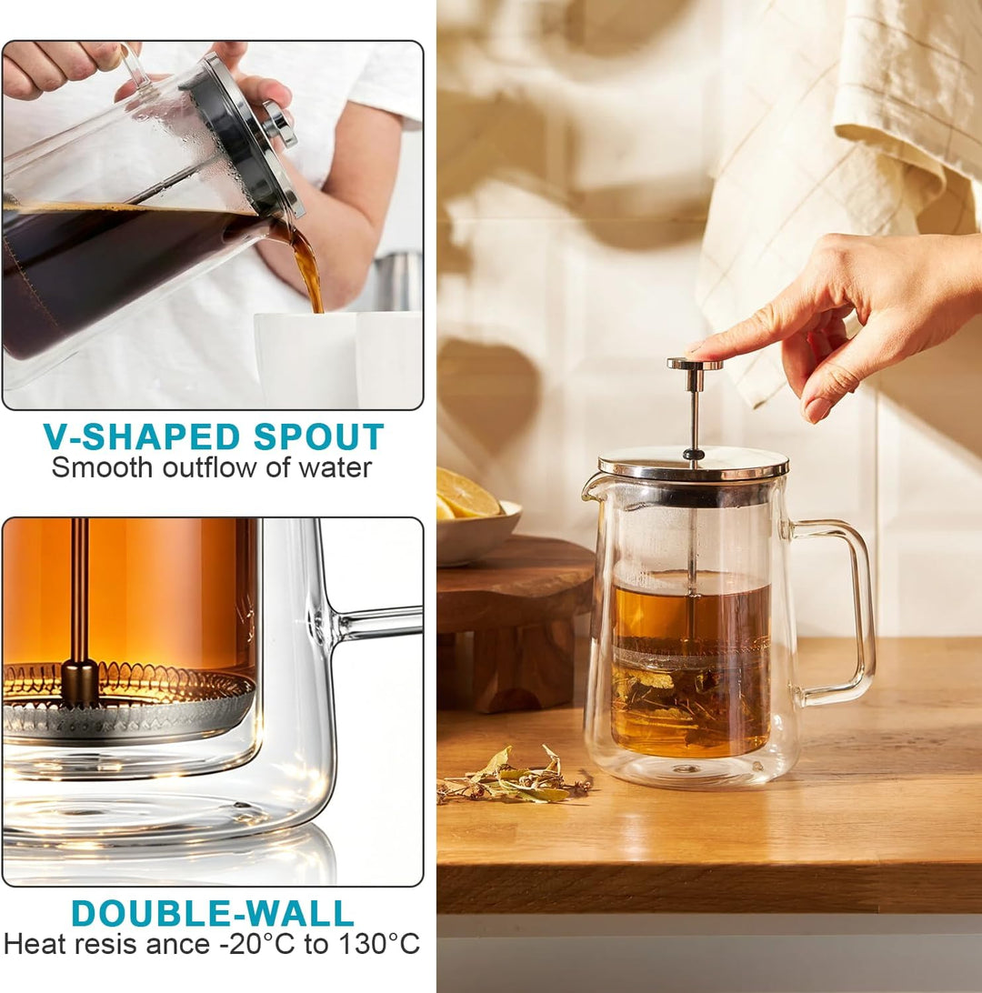 French Press 1 Liter, Grosse Kaffeebereiter, Thermo Doppelwand Design, Kaffeebereiter aus Borosilika