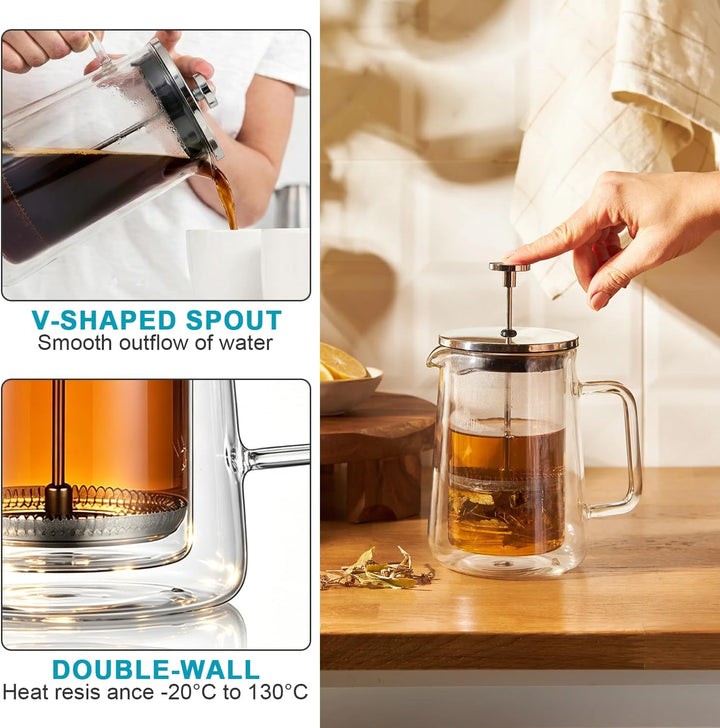 French Press 1 Liter, Grosse Kaffeebereiter, Thermo Doppelwand Design, Kaffeebereiter aus Borosilika