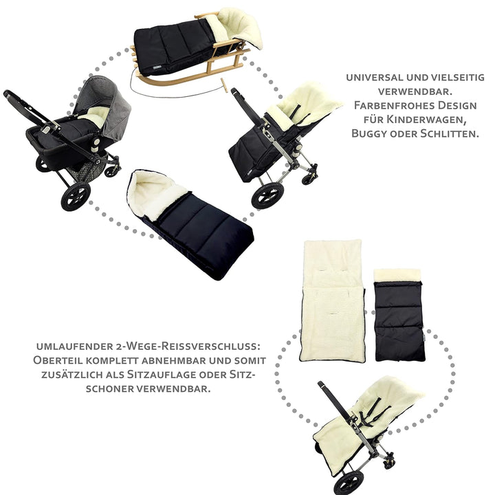BAMBINIWELT KOMBI-ANGEBOT Muff + Winterfusssack 108cm - aus Lammwolle für Kinderwagen, Buggy, Radanh