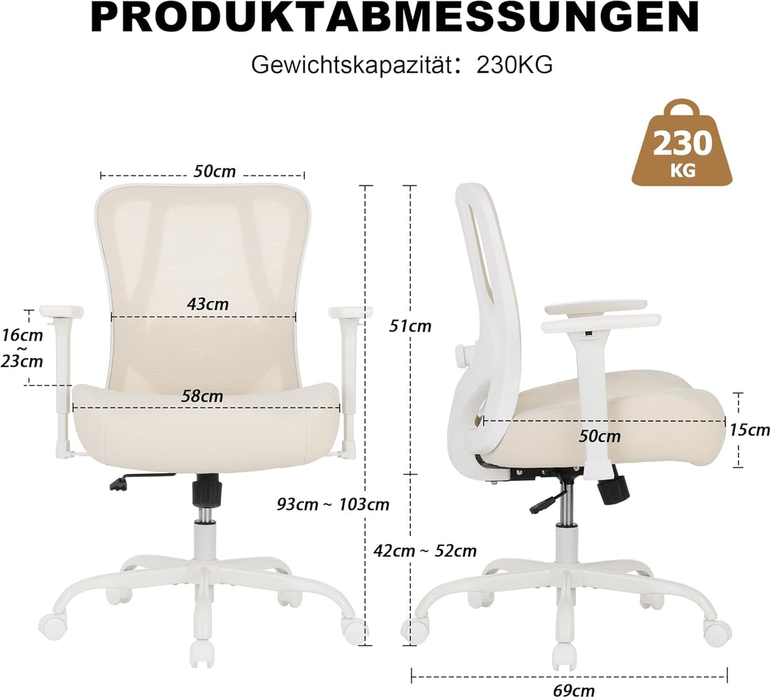 UEV Bürostuhl Ergonomisch bis 230KG, Wippfunktion,Schreibtischstuhl mit Armlehnen, höhenverstellbare