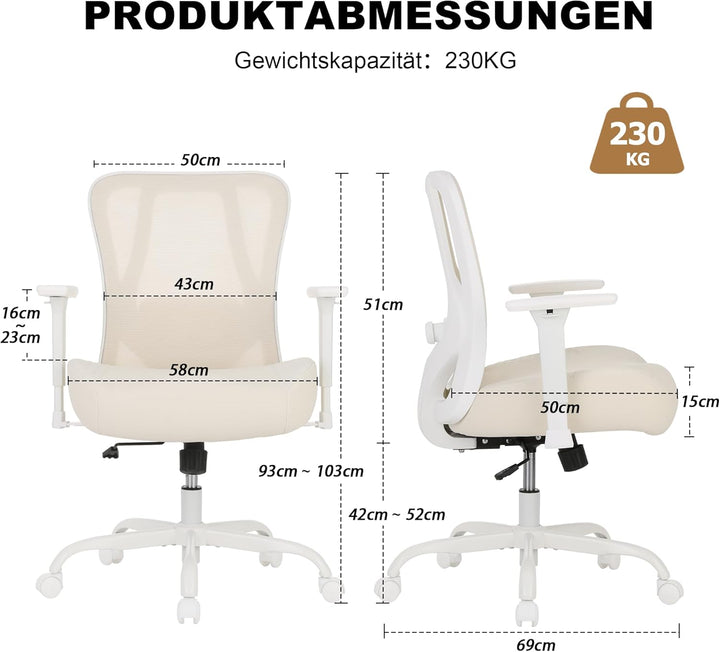 UEV Bürostuhl Ergonomisch bis 230KG, Wippfunktion,Schreibtischstuhl mit Armlehnen, höhenverstellbare