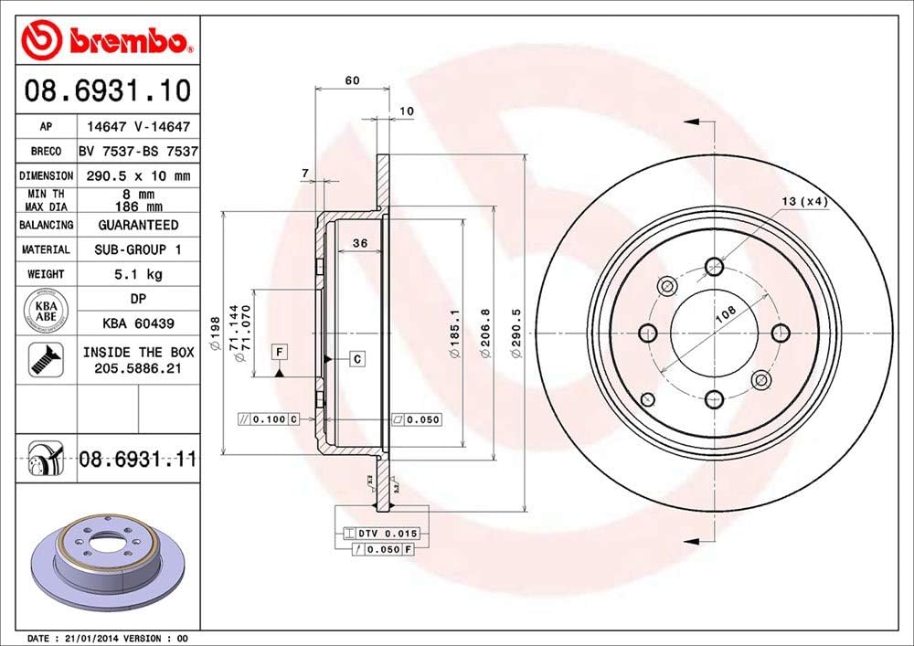 Brembo 08.6931.11 Hintere Bremsscheibe mit UV Lackierung, Anzahl 2