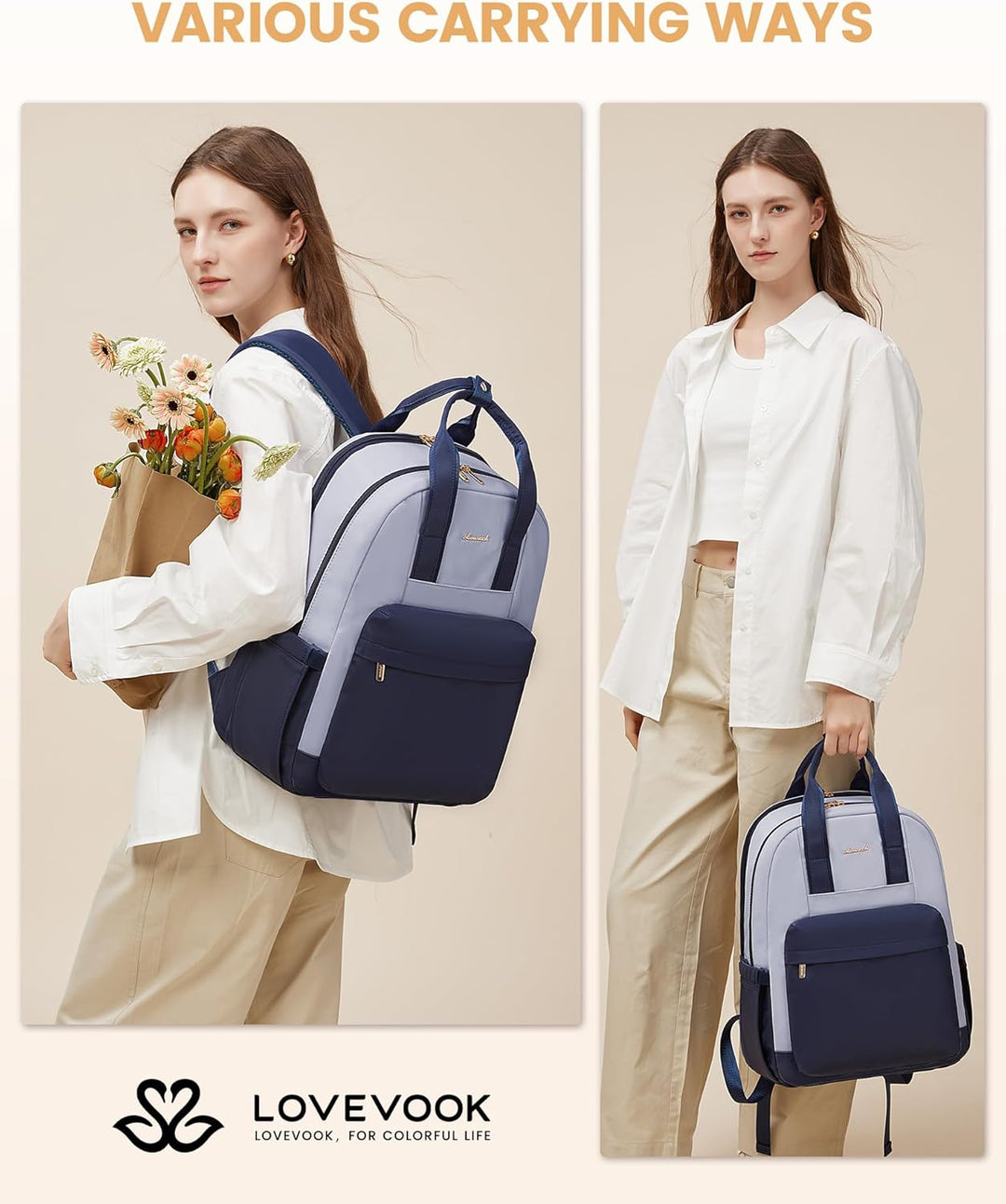 LOVEVOOK Rucksack Damen, 15,6 Zoll Laptop Schultasche Mädchen mit Laptopfach, Wasserdicht Reiserucks