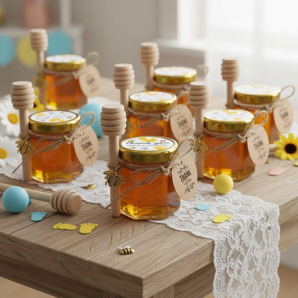 Ahhute 20er-Pack 1,5 oz Sechseckige Mini Honigglas mit Honiglöffel, Goldenen Deckeln, Bienenanhänger