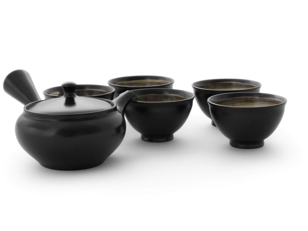 Original japanische Teekanne, Kyusu, mit 5 Becher: Kuro Hiramaru. Integriertes Tee-Sieb aus Edelstah