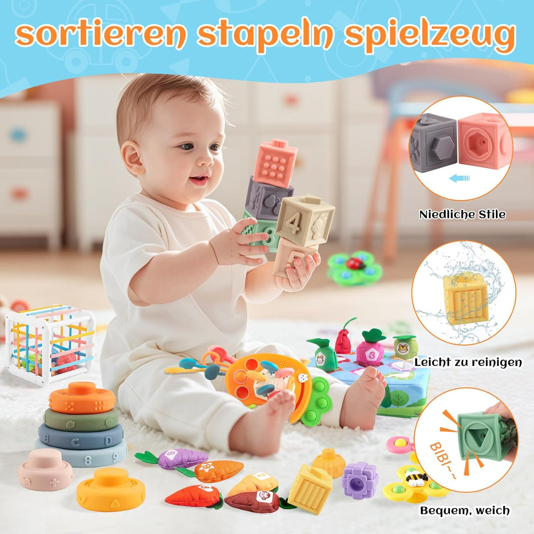 6 in 1 Montessori Spielzeug Baby, Spielzeug Baby ab 6 bis 12 Monate, Sensorisches Baby Spielzeug, Mo