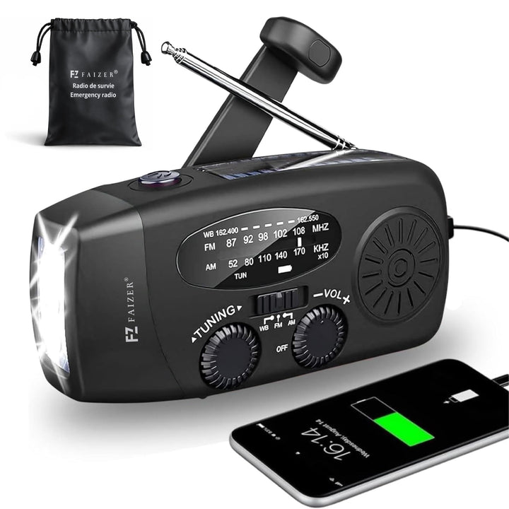 Notfall-Solarradio,Faizer®, kurbelradio,Selbstbetriebenes Kurbelradio mit LED-Taschenlampe, SOS-Alar