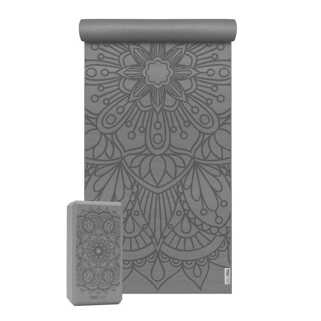 Yoga-Set Starter Edition - Lotus Mandala (yogamatte + 1 Yogablock) grau, grau