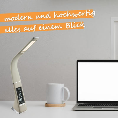 bmf-versand Tischleuchte mit Flexo-Arm und Touchdimmer inkl Pflegetuch – Tischlampe Display Uhr Weck