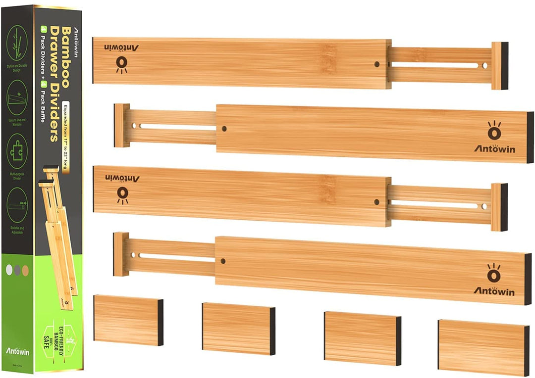 ANTOWIN Schubladentrenner Verstellbar Bambus (43-56 cm), Schubladen organizer, gefedert, Küche, Komm
