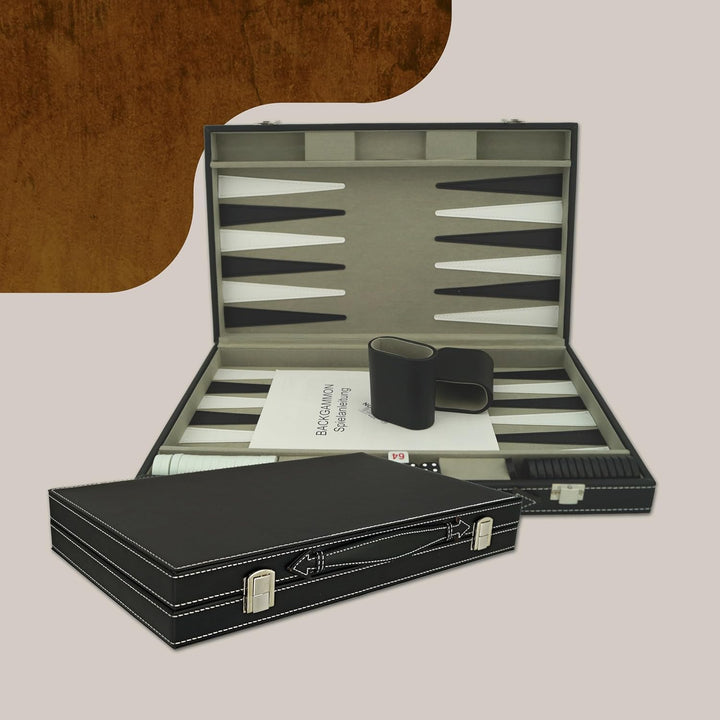 PrimoGames Koffer Backgammon Attaché Kunstleder - Edles Kofferspiel mit Filz Bezug und fein aufgenäh