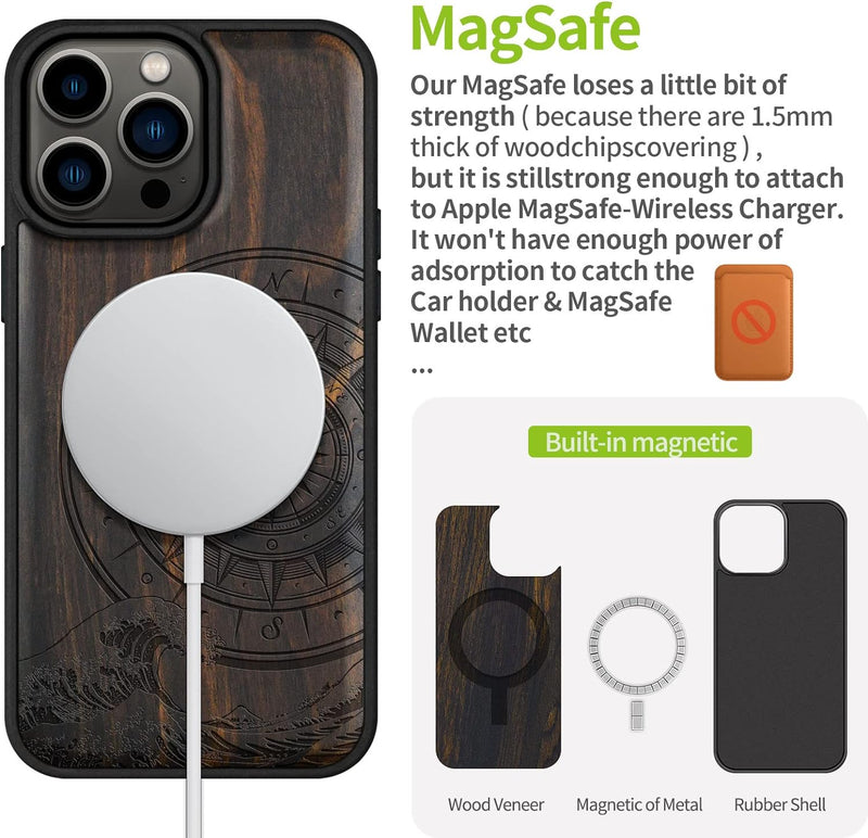 Carveit Handyhülle für iPhone 14 Pro Max Holz Cover kompatibel mit MagSafe Massivholz für Apple 14 p