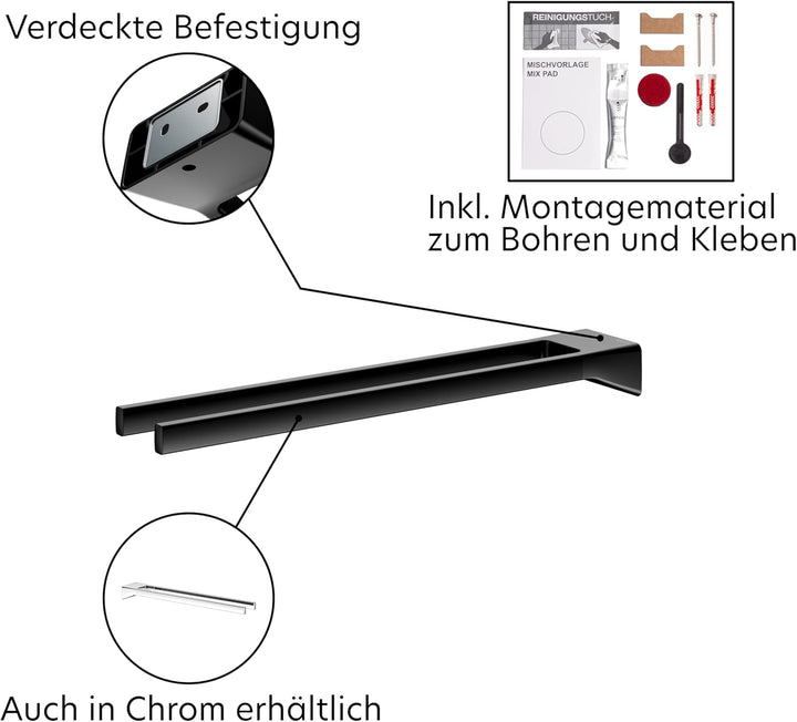 KEUCO Rose Handtuchhalter zweiarmig, 45 cm, ohne Bohren, Metall schwarz matt, Made in Germany, starr