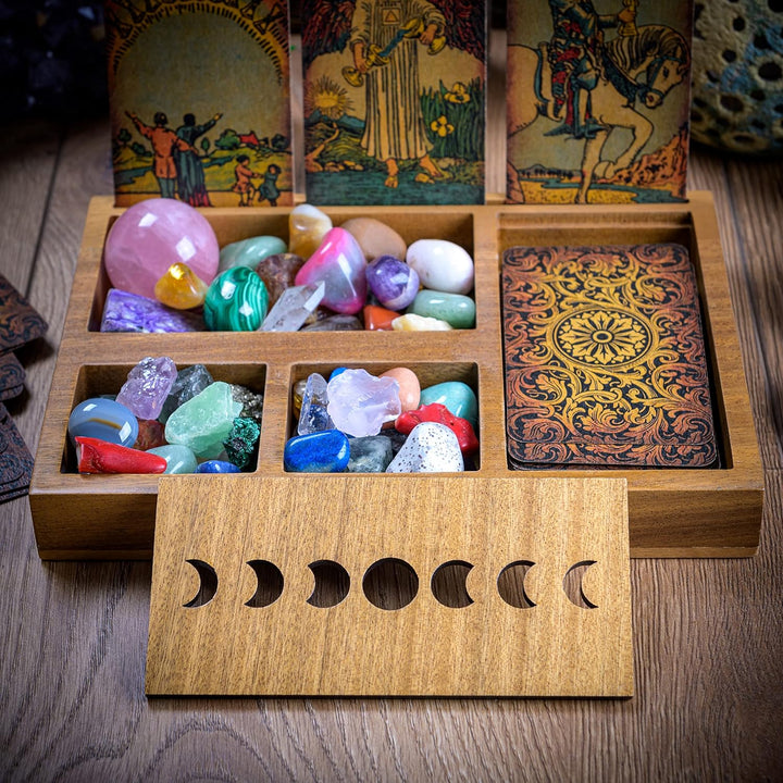 Curawood Tarotkartenhalter Box für immersive Lesungen – 3 Tarotkartenständer & Kristallhalter – Mond